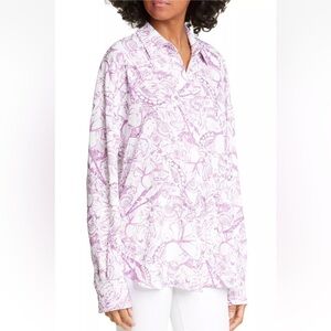 LAST CHANCE | Tibi Isa Toile Printed Crepe de Chine Shirt in White & Purple
